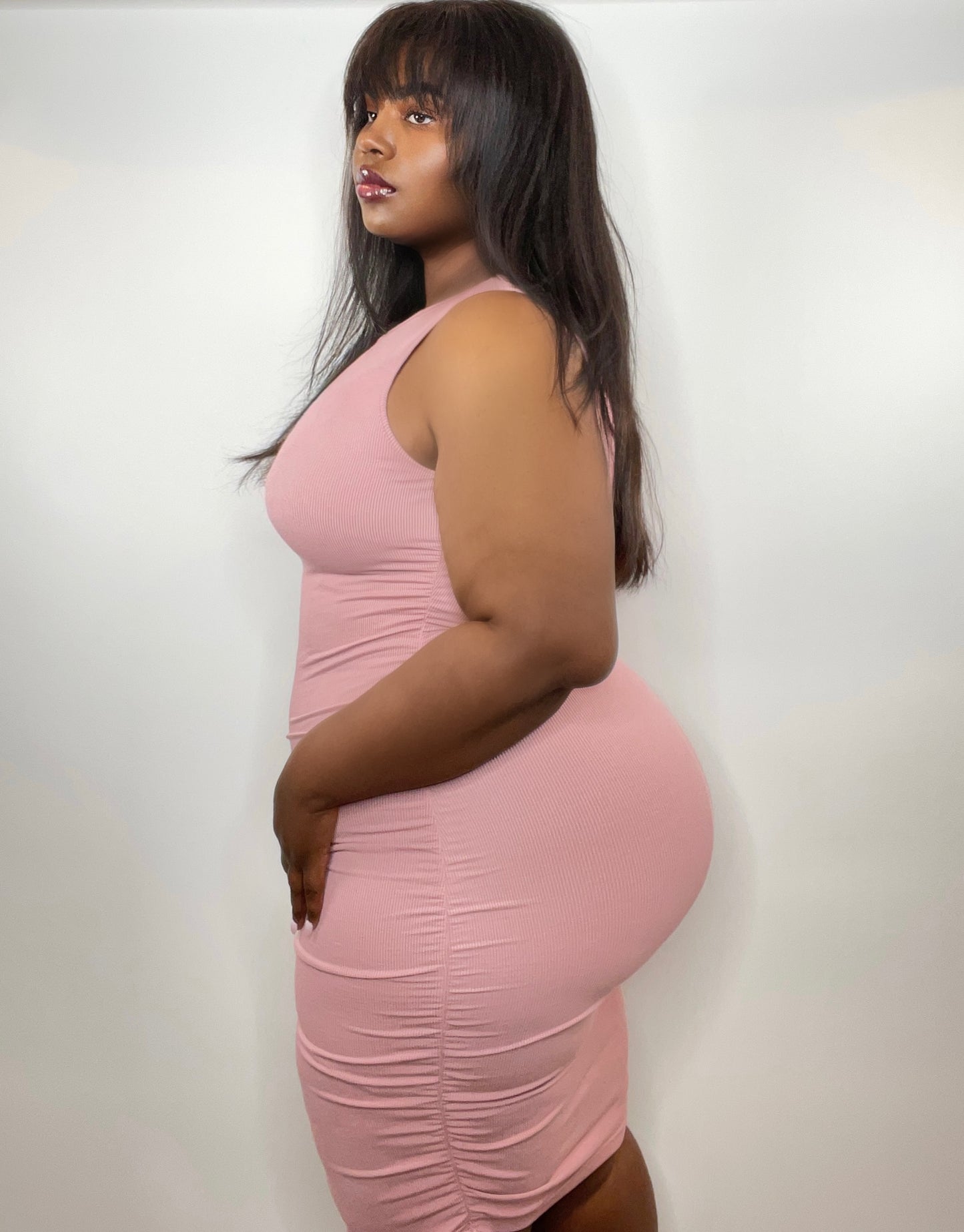 Mauve-U-Lous Rib Ruched Sleeveless Bodycon Dress - Kourtney Kouture