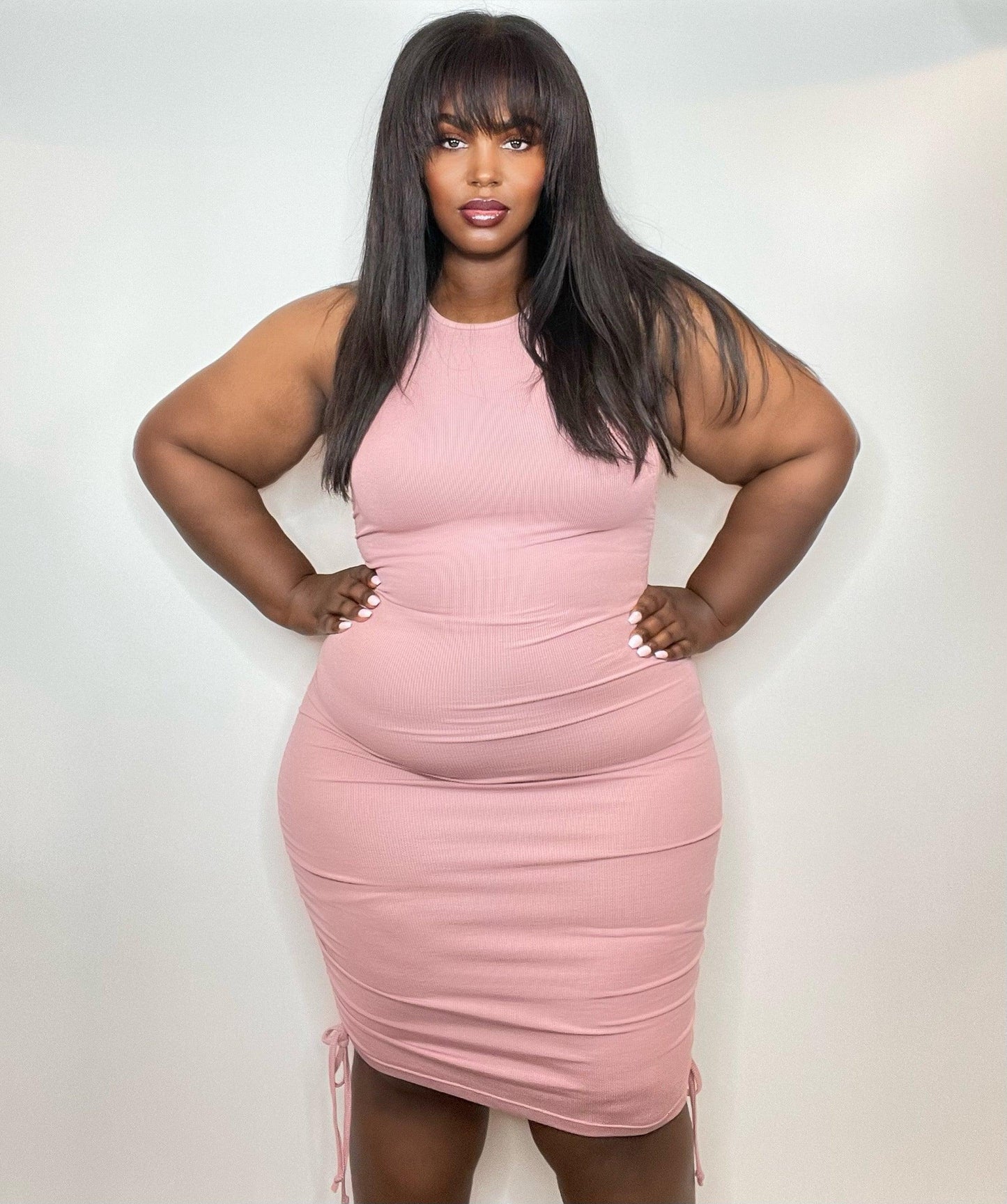 Mauve-U-Lous Rib Ruched Sleeveless Bodycon Dress - Kourtney Kouture