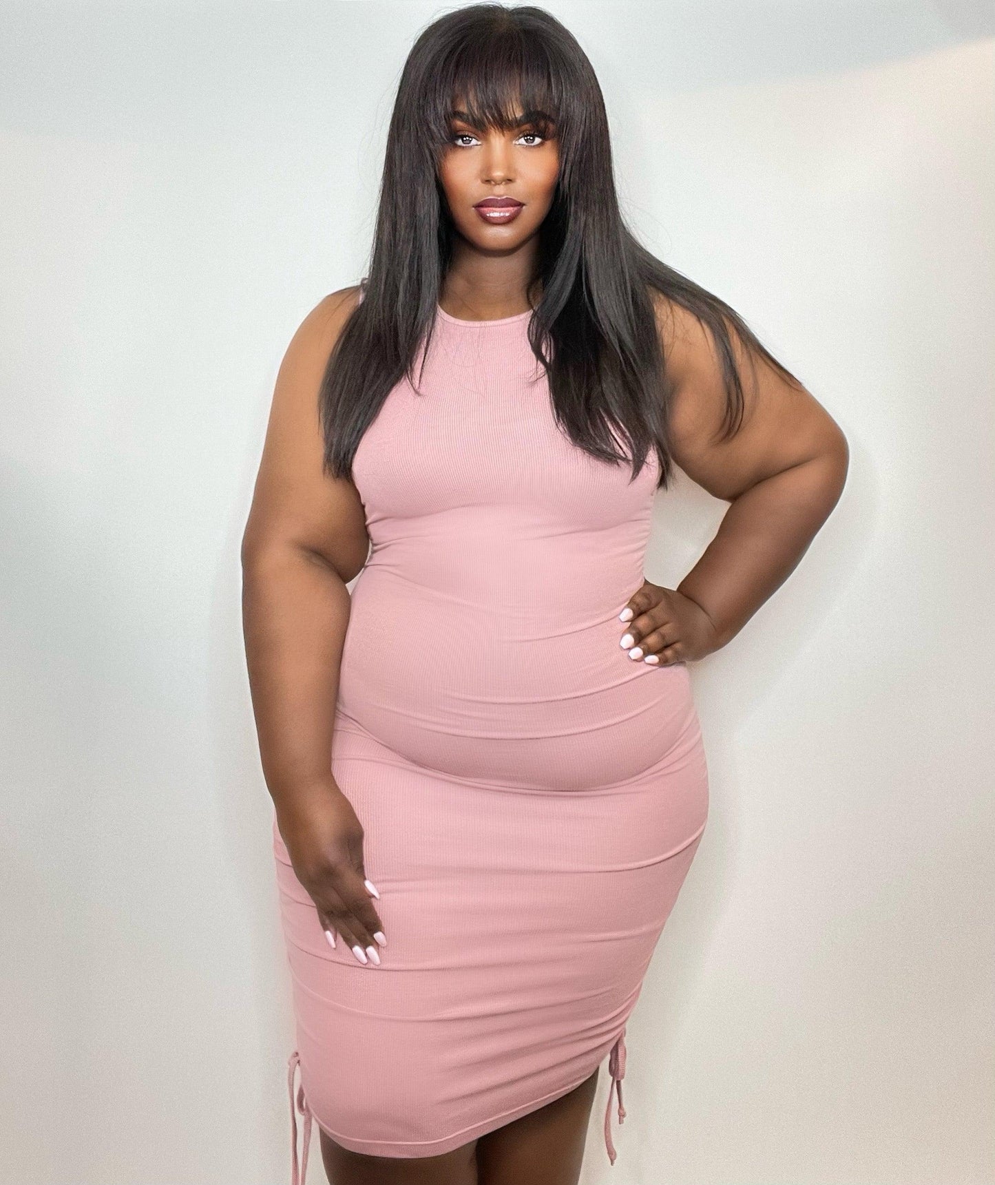 Mauve-U-Lous Rib Ruched Sleeveless Bodycon Dress - Kourtney Kouture